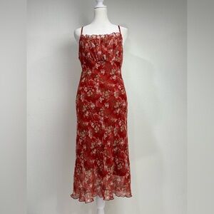 VTG Y2K Studio Y Red Orange Brown Floral Chiffon Slip Dress Ruffle Bust  Sz 11